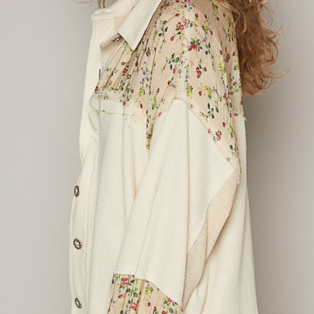 POL Floral & Waffle Knit Mixed Media Shacket ~ Perfect for Layering Year Round - Picture 10 of 16